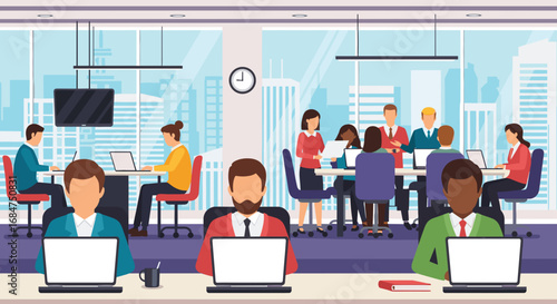 Diverse business professionals collaborate and work diligently in a modern, open-plan office with a city view, symbolizing teamwork and productivity.
