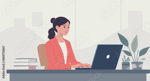 Smiling businesswoman working on laptop in a modern office, symbolizing productivity, remote work, and professional development. Ideal for business and lifestyle concepts.