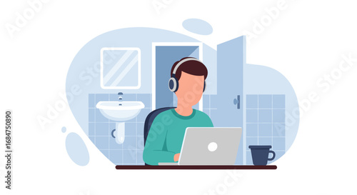 Man with headphones works on laptop in an unconventional home office setting. Represents remote work, flexibility, and productivity from home.