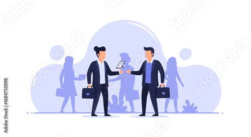 Two businessmen collaborate using a digital tablet, exchanging ideas and data in a modern corporate setting. Ideal for business, technology, and partnership concepts.