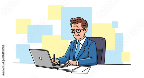 Focused businessman in a suit working diligently on his laptop and writing notes at an office desk. Ideal for business, productivity, and professional concepts.