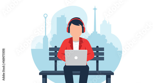 Person with headphones on laptop, sitting on a park bench with a city skyline backdrop. Represents remote work, digital nomad lifestyle, or online learning.