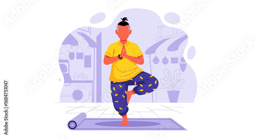 Person practicing yoga in tree pose on a mat indoors, promoting balance, wellness, and a healthy lifestyle. Ideal for fitness, mental health, and mindful living concepts.