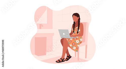 Young woman working remotely on her laptop from a cozy home setting. Illustrates flexible work, online learning, or digital lifestyle.