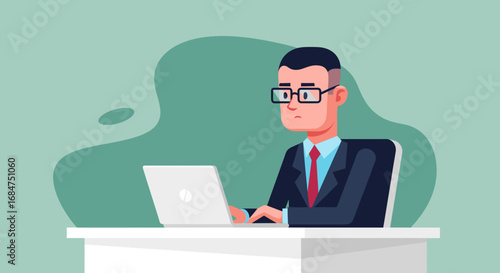 A focused businessman in a suit and glasses works diligently on a laptop at his desk. Ideal for concepts of corporate productivity, remote work, or professional technology use.