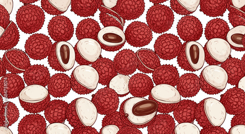 A vibrant pattern of fresh lychee fruits, some whole with red skin and others halved to show the white flesh and dark seed, against a white background.