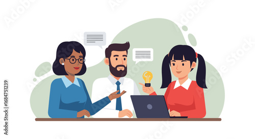 Diverse business team collaborating on a new project, sharing ideas, and discussing solutions with a laptop. Illustrates innovation, communication, and successful teamwork.