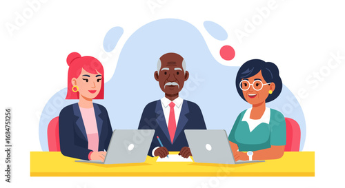 Diverse business team collaborating in a meeting. Professionals using laptops and discussing ideas, representing teamwork and productivity in a corporate setting.