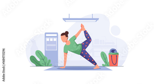 Woman gracefully performing a yoga pose indoors, symbolizing balance, flexibility, and a commitment to a healthy, active lifestyle. Ideal for fitness and wellness concepts.