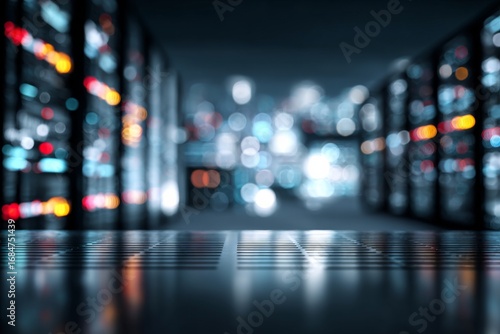 Wallpaper Mural Glossy black tabletop in sharp focus with blurred datacenter servers in the background, ideal for AI, IT and technology themes. Torontodigital.ca