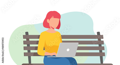 Woman with red hair working remotely on a laptop while sitting on a park bench. Represents flexible work, online learning, or modern digital lifestyle.