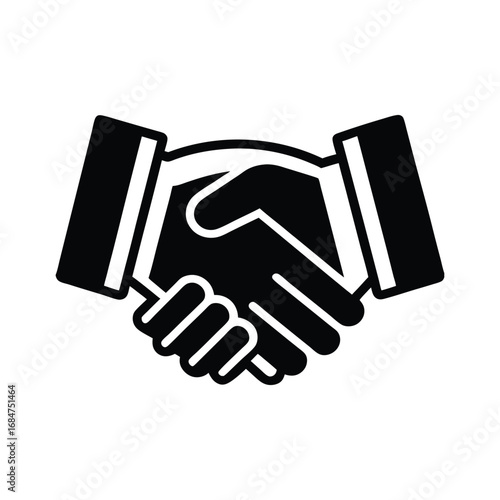Black and white illustration of two hands clasped together in a handshake representing agreement