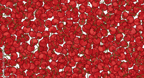 A dense arrangement of vibrant red cherries with green stems, creating a rich, textured pattern.