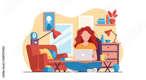 Young woman working remotely on laptop at home, sitting comfortably in a modern living room setting. Ideal for remote work, education, or freelance concepts.