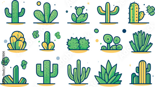 Collection of diverse flat design cactus and succulent plants in vibrant green and yellow colors