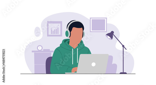 Young person in headphones working remotely on a laptop in a cozy home office setup. Ideal for online education, freelancing, and digital connectivity.
