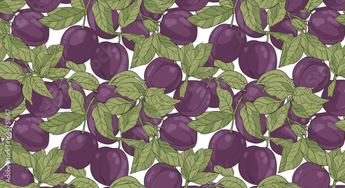 Seamless pattern with plums and leaves on a white background, food illustration.
