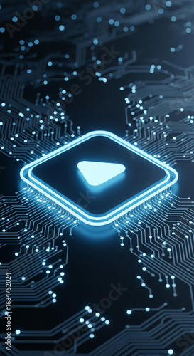 Glowing blue play button on a circuit board, representing digital media, technology, and streaming services.  Abstract concept of online content and innovation