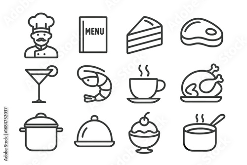 Cooking icons featuring a chef, menu, and various dishes in a minimalistic style perfect for culinary themes