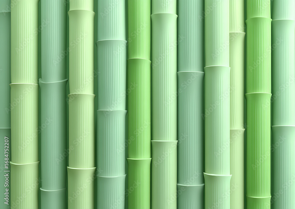 Fototapeta premium Green bamboo stalks are arranged to create a decorative wall or background with a natural, organic aesthetic.