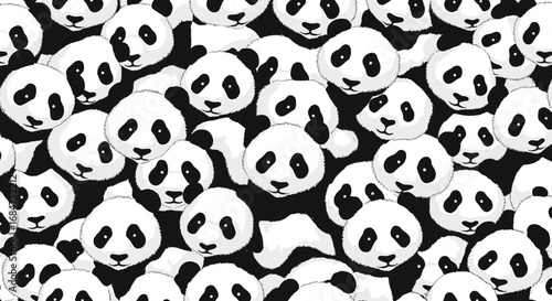 A detailed image showcasing a dense collection of adorable pandas with black and white fur patterns.