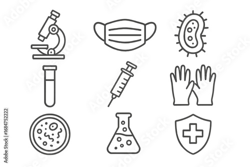 Medical symbols and laboratory equipment represent health and scientific research activities in a modern context