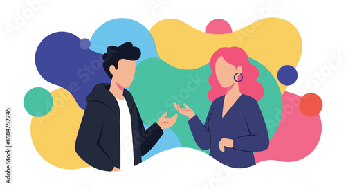 Two diverse people engaged in conversation, illustrating communication, collaboration, or discussion. Ideal for business, lifestyle, and educational content.