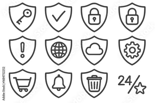 Set of security icons featuring lock, key, globe, shopping cart, and more designed for digital protection