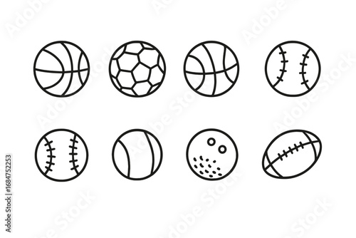 Various sports balls illustrated in simple black and white designs showing different shapes and patterns