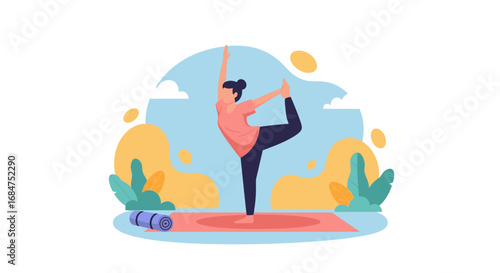Woman practicing the Dancer Pose (Natarajasana) on a yoga mat, illustrating wellness, balance, and a mindful, healthy lifestyle in a serene, natural-inspired setting.