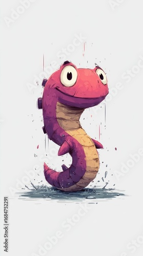 Cute purple worm in S shaped cartoon style with head and tail, isolated on transparent background, simple and playful design suitable for emoji, sticker or decoration