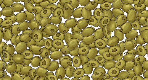 Close-up seamless pattern of halved green olives.