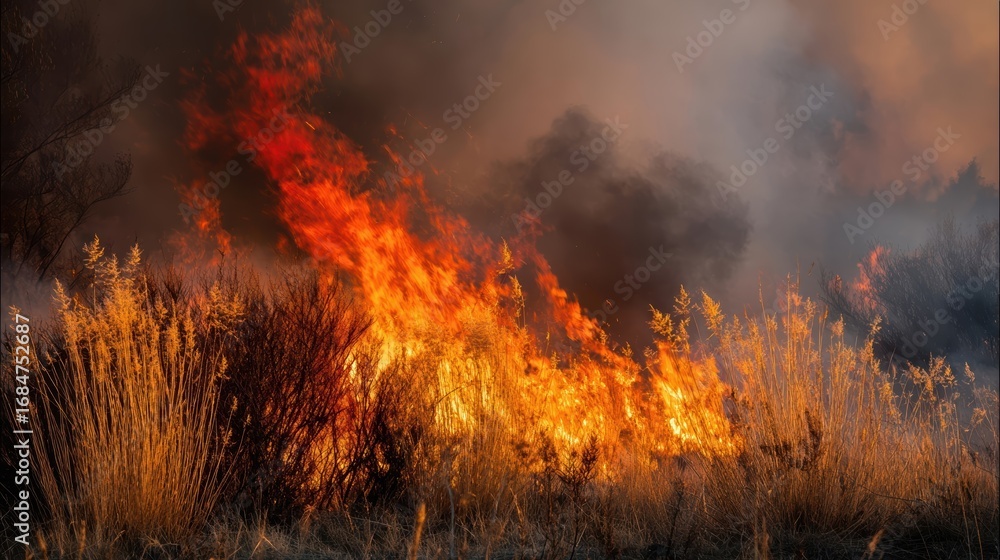 Fototapeta premium A forest fire spreads quickly through dry vegetation.