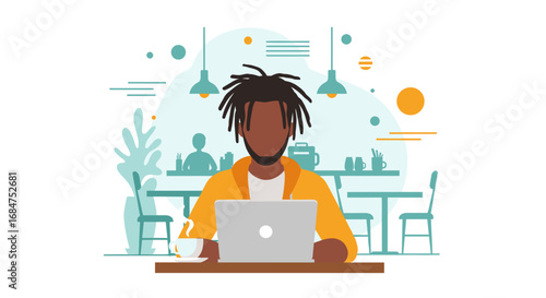 Young Black man works on laptop in a modern cafe, enjoying coffee. Ideal for concepts of remote work, digital nomad lifestyle, and flexible business.