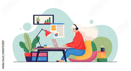Woman works remotely on a laptop in a cozy home office, embodying modern productivity and a flexible lifestyle. Ideal for business, tech, or work-from-home concepts.