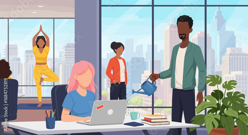 Diverse professionals engage in yoga, focused work, and plant care in a modern office with city views, promoting well-being and productivity.