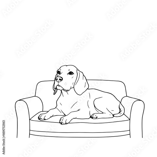 Minimalist Line Drawing of Dog on Sofa, Simple Black Sketch, Pet at Home Concept