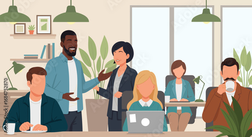 Diverse professionals collaborate in a modern office meeting, fostering teamwork and positive communication. Ideal for business, corporate culture, and workplace concepts.