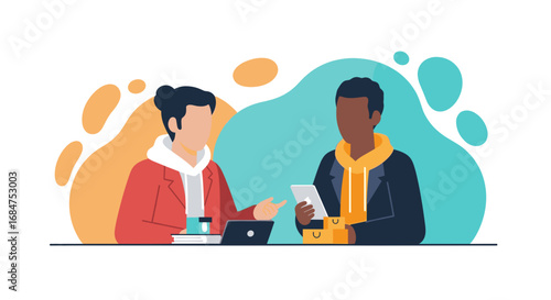 Two diverse individuals engage in a business discussion, one with a laptop, the other with a tablet and shopping bags. Illustrates e-commerce, online sales, or client consultation.