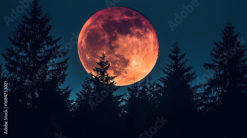 Bright red moon rising above dark forest casting eerie shadows on the ground cinematic otherworldly event