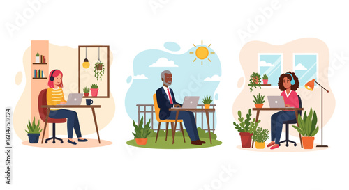 Diverse people working remotely from home offices and outdoors, highlighting flexible work, telecommuting, and productivity in a modern lifestyle.