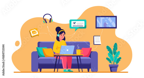 Woman working remotely from home on a comfortable sofa with a laptop and headphones, illustrating productivity, digital communication, and modern flexible work-life.