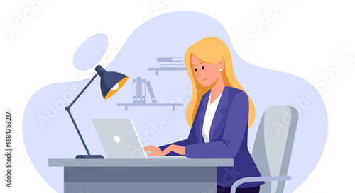 Professional businesswoman working diligently on her laptop at a modern office desk. Ideal for concepts of productivity, remote work, and corporate success.