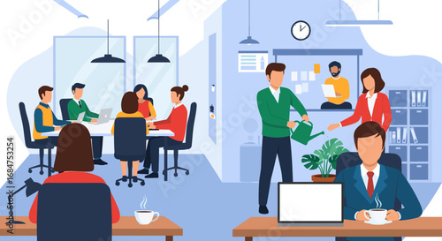 Busy modern office scene with professionals collaborating in a meeting and working individually, symbolizing teamwork, growth, and productivity in a corporate environment.