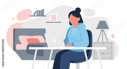 Productive person working from home on a laptop in a cozy, modern bedroom. Perfect for remote work, online learning, and digital lifestyle concepts.