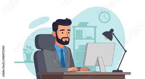 Professional businessman working diligently at his office desk on a computer, embodying productivity, corporate life, and focused work.