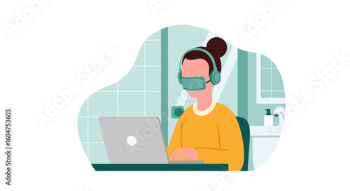 Remote worker focused on laptop, wearing headphones and mask in an unconventional home office. Illustrates work-from-home, adaptability, and privacy for business.