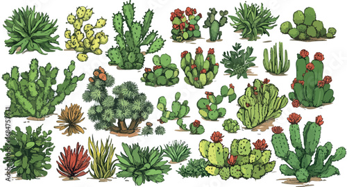 Collection of various colorful desert succulents and cacti with blooming flowers in a botanical illustration style