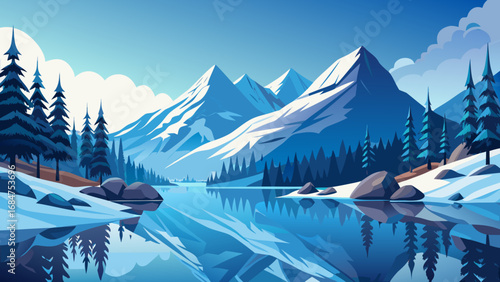 Serene winter landscape with snow capped mountains reflecting in a calm lake surrounded by pine trees