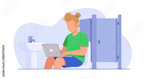 Young man using a laptop while sitting on a toilet in a public restroom stall. Concept of multitasking, remote work, or time management.